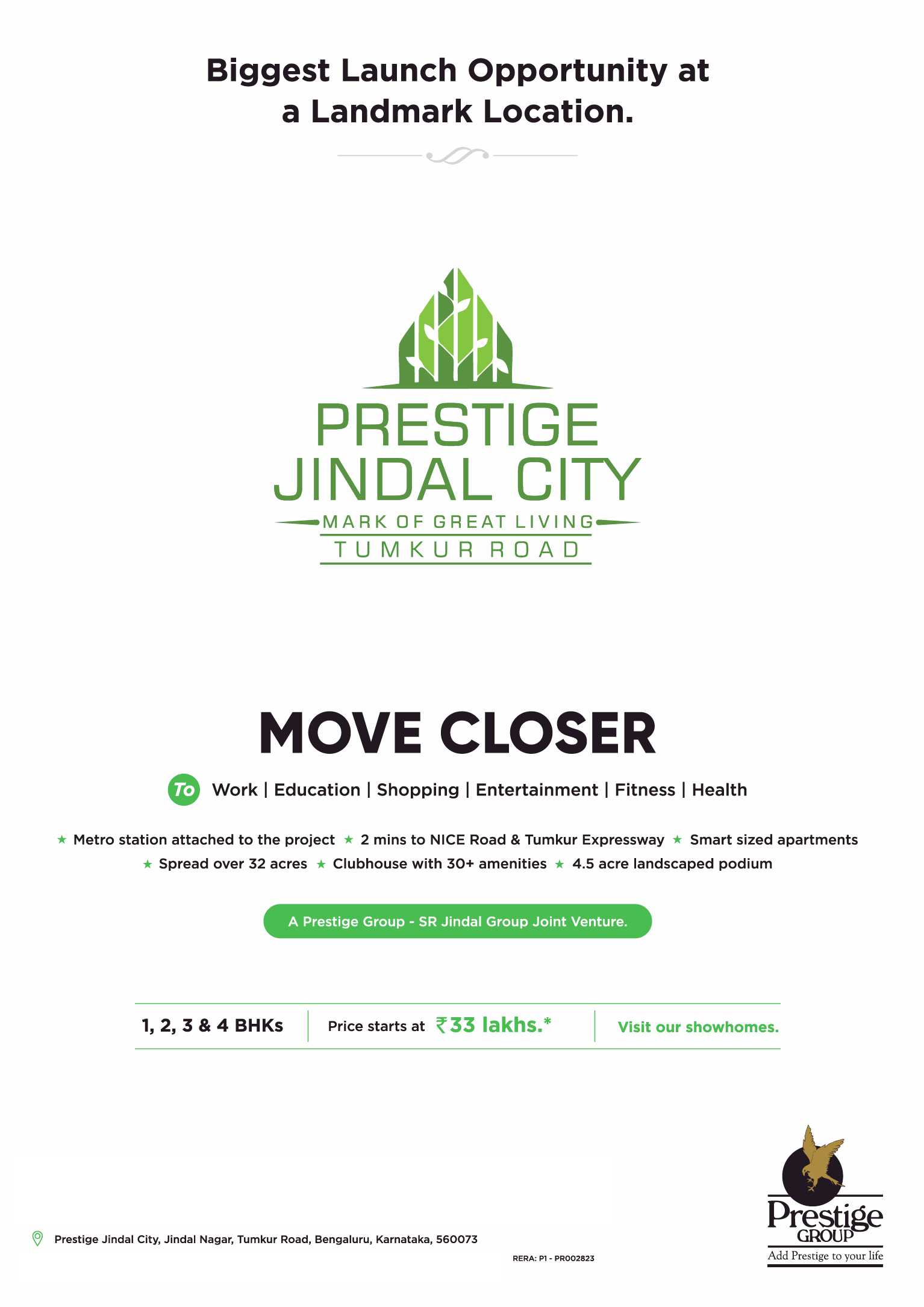 Avail biggest launch opportunity at Prestige Jindal City in Bangalore
